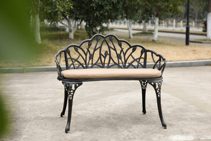 Tulip Patio Garden Bench Metal Park Bench Cast Aluminum Outdoor Furniture with Floral Rose for Patio,Park,Lawn,Yard Black withe cushion - 1st Choice Furniture Direct