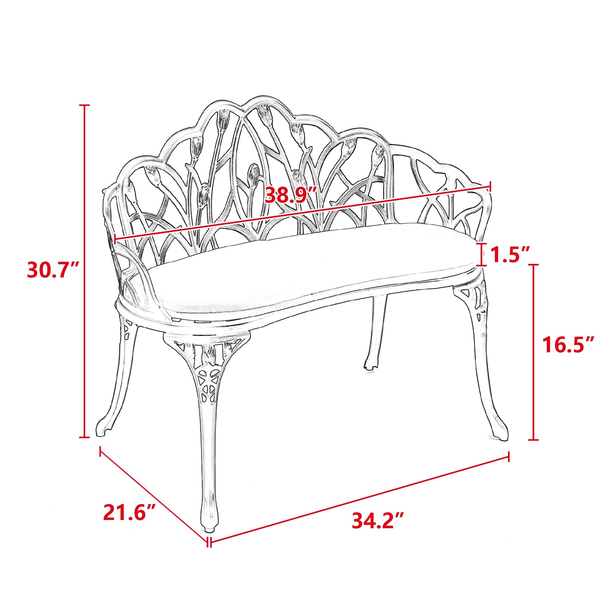 Tulip Patio Garden Bench Metal Park Bench Cast Aluminum Outdoor Furniture with Floral Rose for Patio,Park,Lawn,Yard Black withe cushion - 1st Choice Furniture Direct