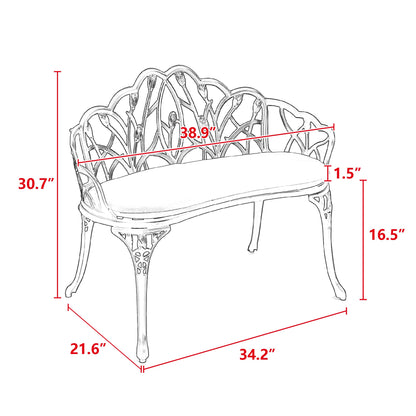 Tulip Patio Garden Bench Metal Park Bench Cast Aluminum Outdoor Furniture with Floral Rose for Patio,Park,Lawn,Yard Black withe cushion - 1st Choice Furniture Direct