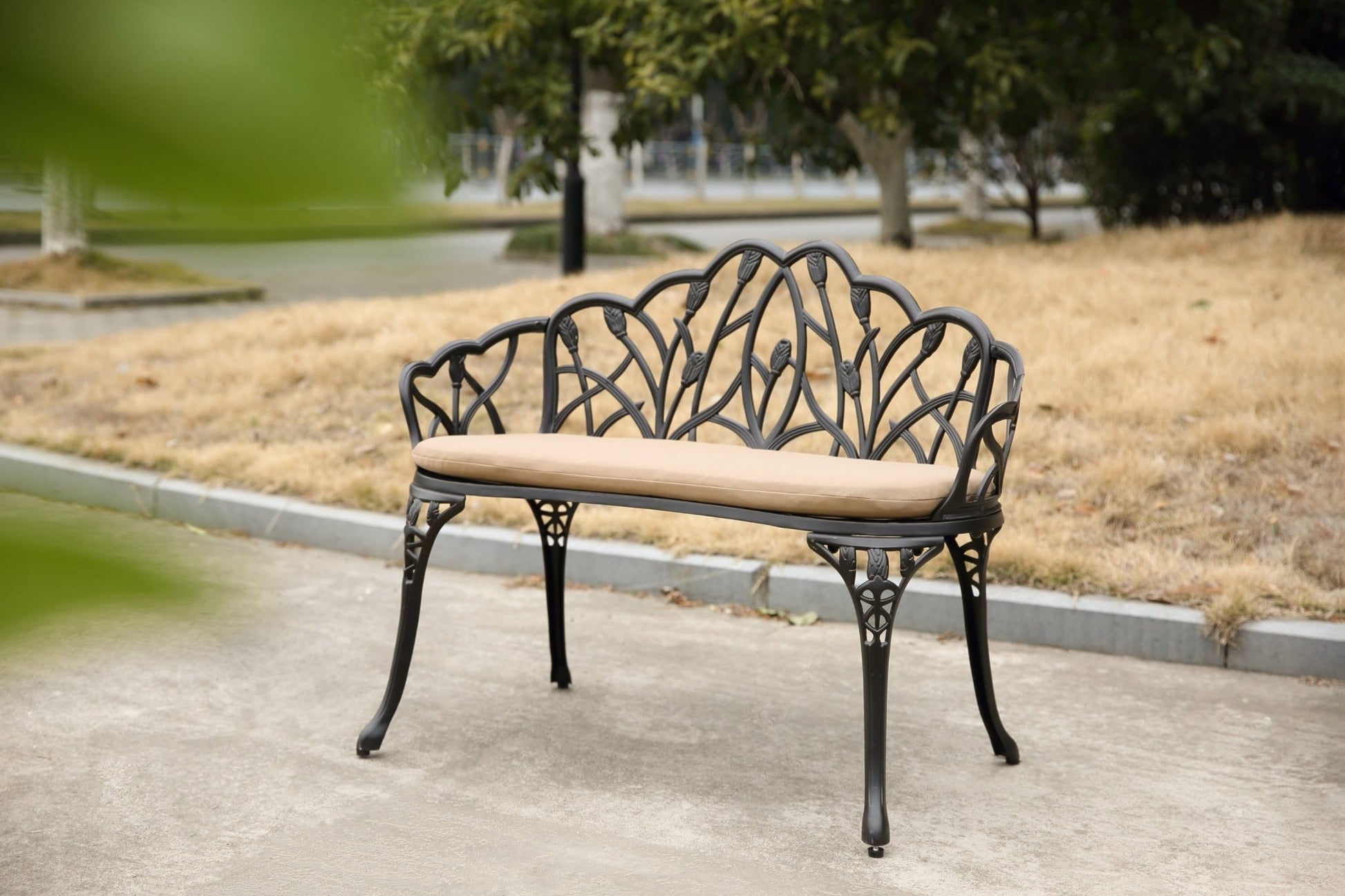 Tulip Patio Garden Bench Metal Park Bench Cast Aluminum Outdoor Furniture with Floral Rose for Patio,Park,Lawn,Yard Black withe cushion - 1st Choice Furniture Direct