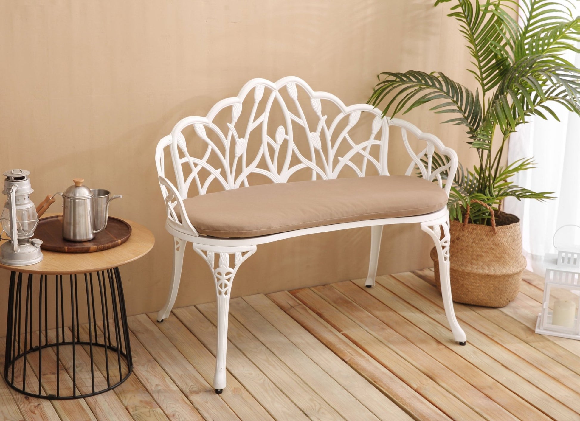 Tulip Patio Garden Bench Metal Park Bench Cast Aluminum Outdoor Furniture with Floral Rose for Patio,Park,Lawn,Yard with cushion - 1st Choice Furniture Direct