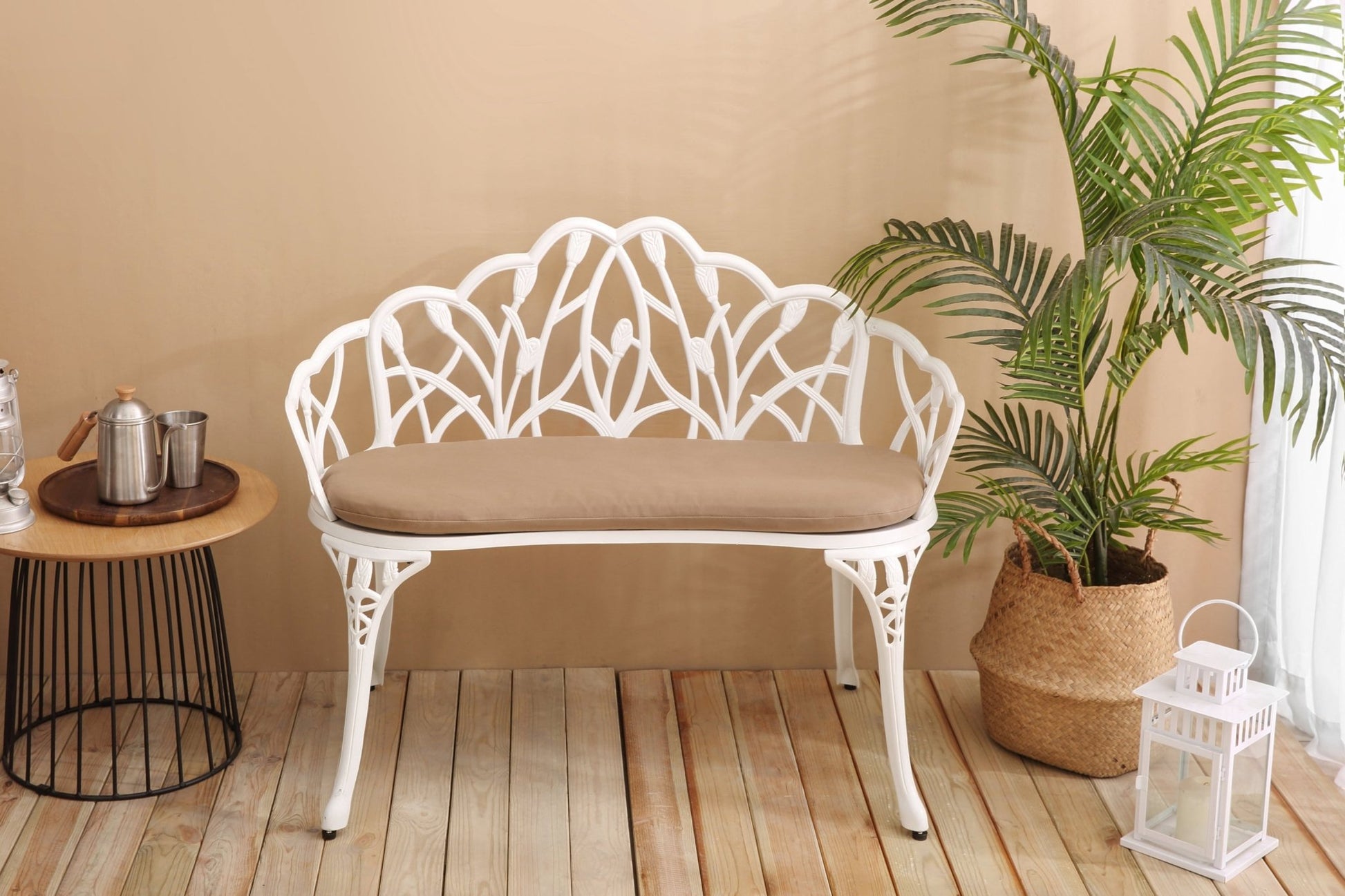 Tulip Patio Garden Bench Metal Park Bench Cast Aluminum Outdoor Furniture with Floral Rose for Patio,Park,Lawn,Yard with cushion - 1st Choice Furniture Direct