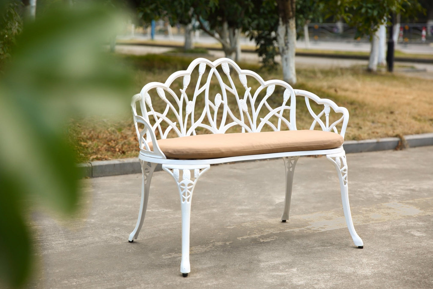 Tulip Patio Garden Bench Metal Park Bench Cast Aluminum Outdoor Furniture with Floral Rose for Patio,Park,Lawn,Yard with cushion - 1st Choice Furniture Direct