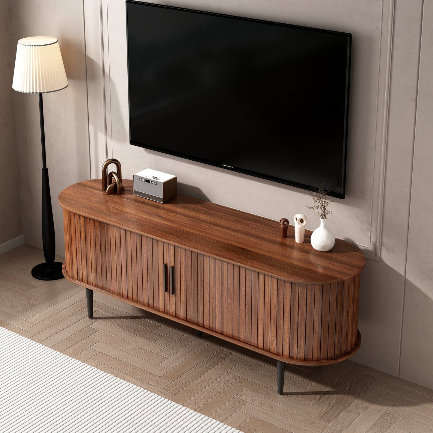 TV Stand, 55' Modern TV Console Table with Storage Compartment and Sliding Door, Gaming Entertainment Center with Cabinet for Living Room, Bedroom, Office (Walnut) - 1st Choice Furniture Direct