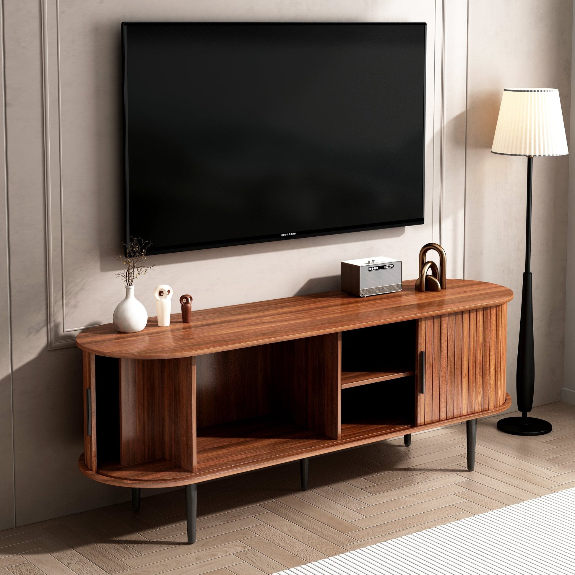 TV Stand, 55' Modern TV Console Table with Storage Compartment and Sliding Door, Gaming Entertainment Center with Cabinet for Living Room, Bedroom, Office (Walnut) - 1st Choice Furniture Direct