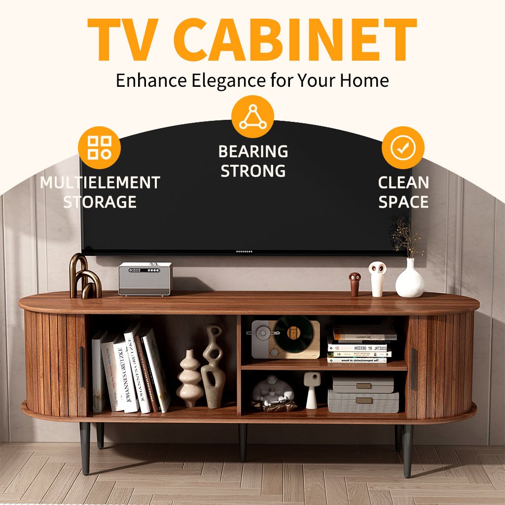 TV Stand, 55' Modern TV Console Table with Storage Compartment and Sliding Door, Gaming Entertainment Center with Cabinet for Living Room, Bedroom, Office (Walnut) - 1st Choice Furniture Direct
