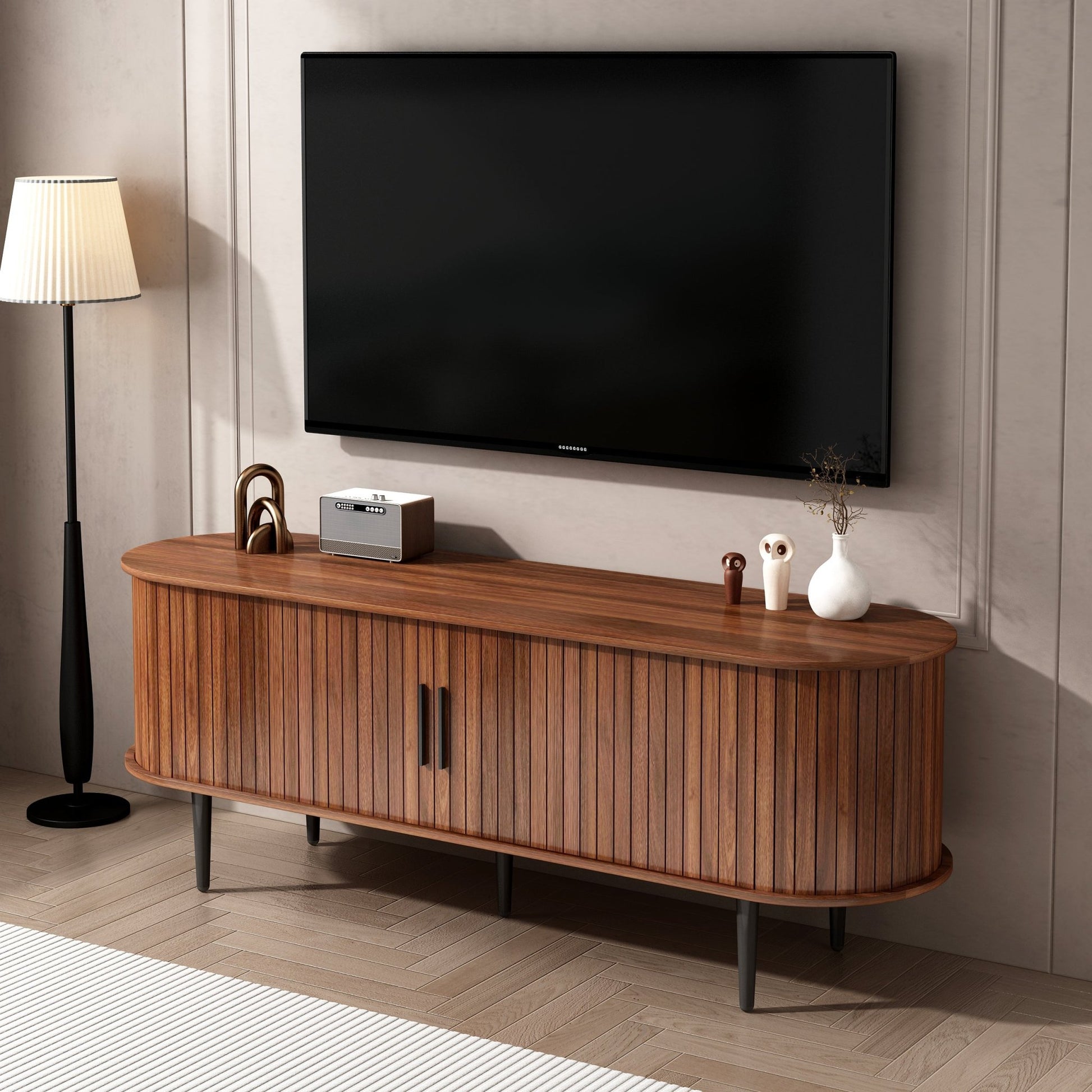 TV Stand, 55' Modern TV Console Table with Storage Compartment and Sliding Door, Gaming Entertainment Center with Cabinet for Living Room, Bedroom, Office (Walnut) - 1st Choice Furniture Direct