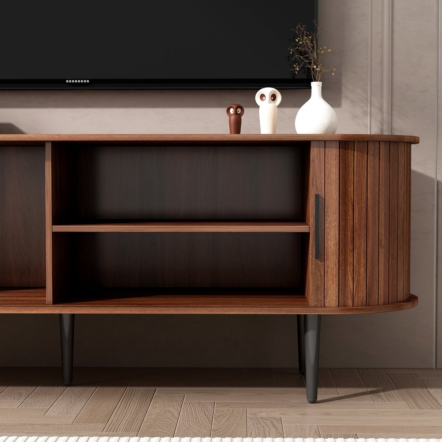 TV Stand, 55' Modern TV Console Table with Storage Compartment and Sliding Door, Gaming Entertainment Center with Cabinet for Living Room, Bedroom, Office (Walnut) - 1st Choice Furniture Direct