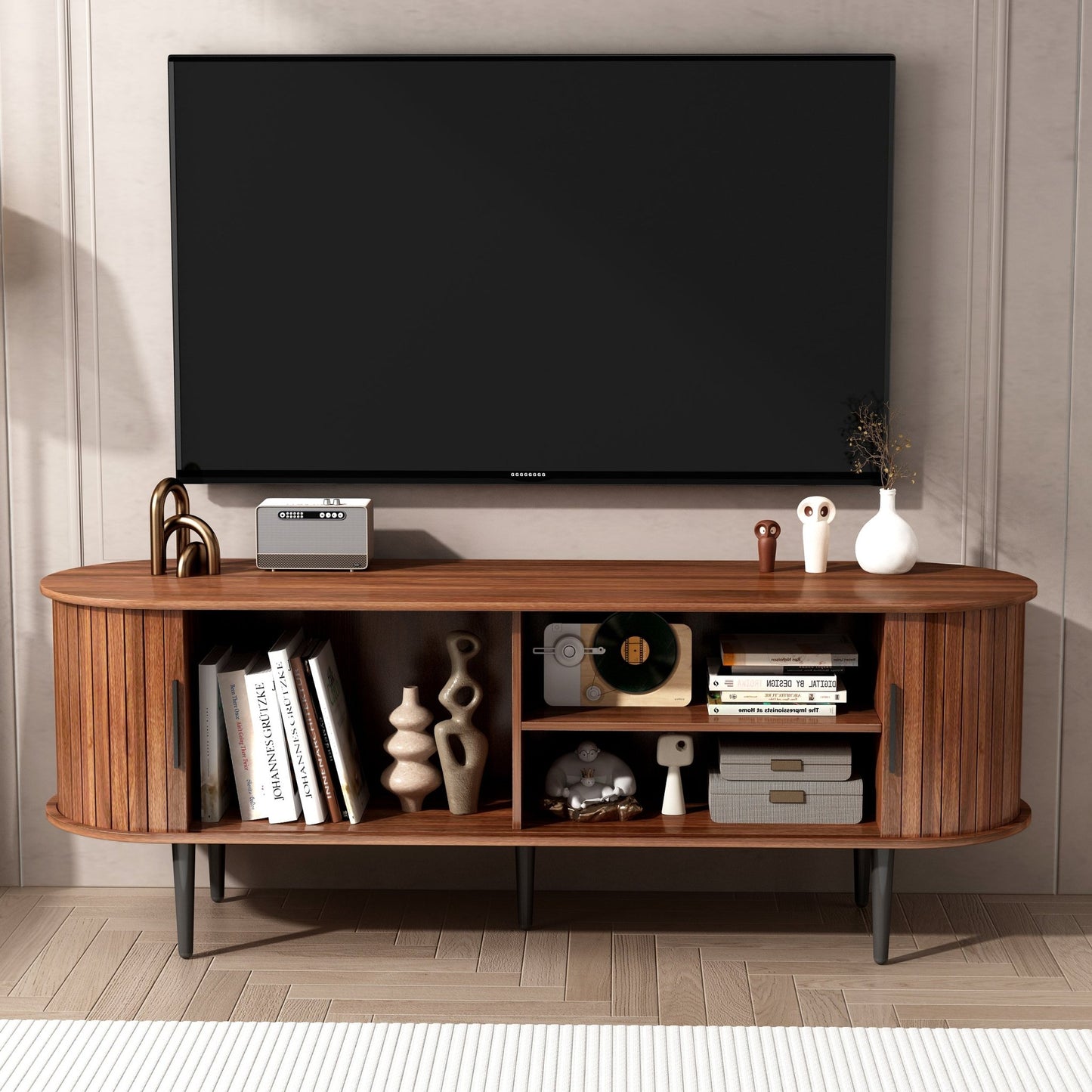 TV Stand, 55' Modern TV Console Table with Storage Compartment and Sliding Door, Gaming Entertainment Center with Cabinet for Living Room, Bedroom, Office (Walnut) - 1st Choice Furniture Direct