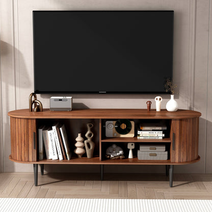 TV Stand, 55' Modern TV Console Table with Storage Compartment and Sliding Door, Gaming Entertainment Center with Cabinet for Living Room, Bedroom, Office (Walnut) - 1st Choice Furniture Direct