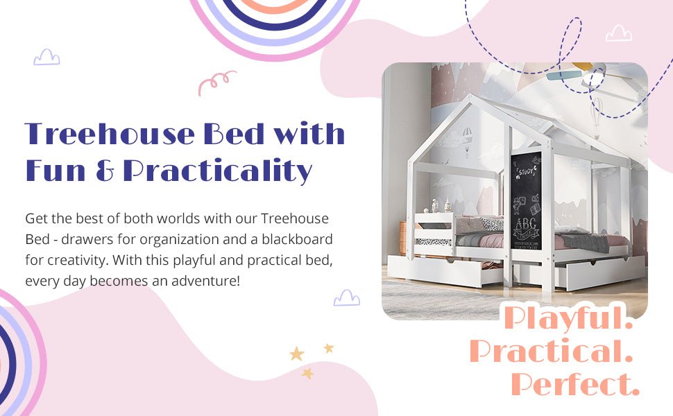 Twin House Bed with Blackboard and Drawers in White, Pine+Plywood+MDF, 80.1'L x 41.9'W x 72'H - 1st Choice Furniture Direct