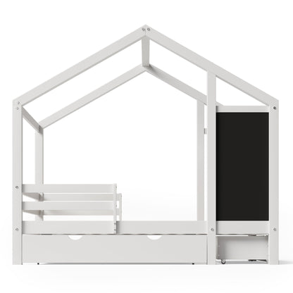 Twin House Bed with Blackboard and Drawers in White, Pine+Plywood+MDF, 80.1'L x 41.9'W x 72'H - 1st Choice Furniture Direct