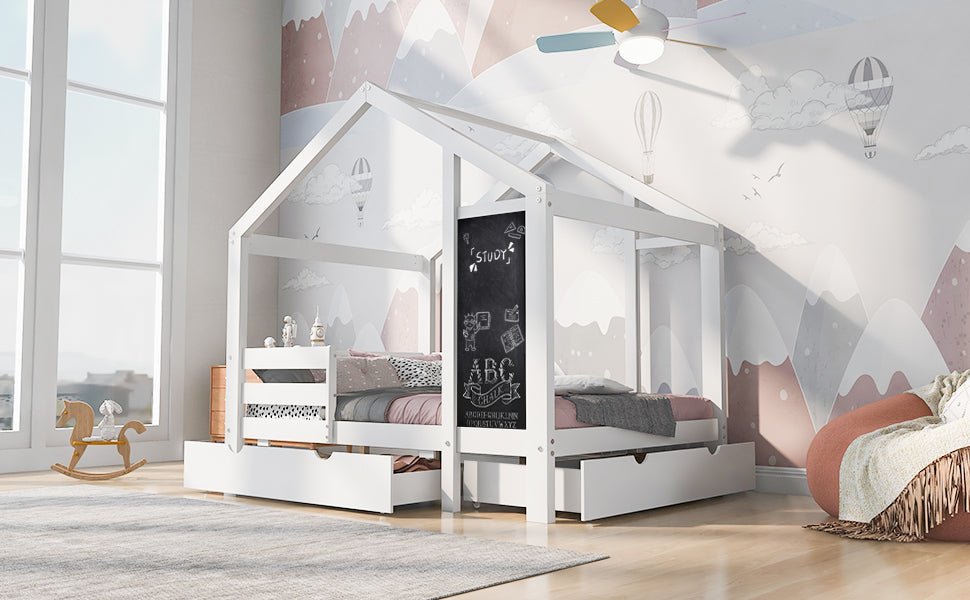 Twin House Bed with Blackboard and Drawers in White, Pine+Plywood+MDF, 80.1'L x 41.9'W x 72'H - 1st Choice Furniture Direct