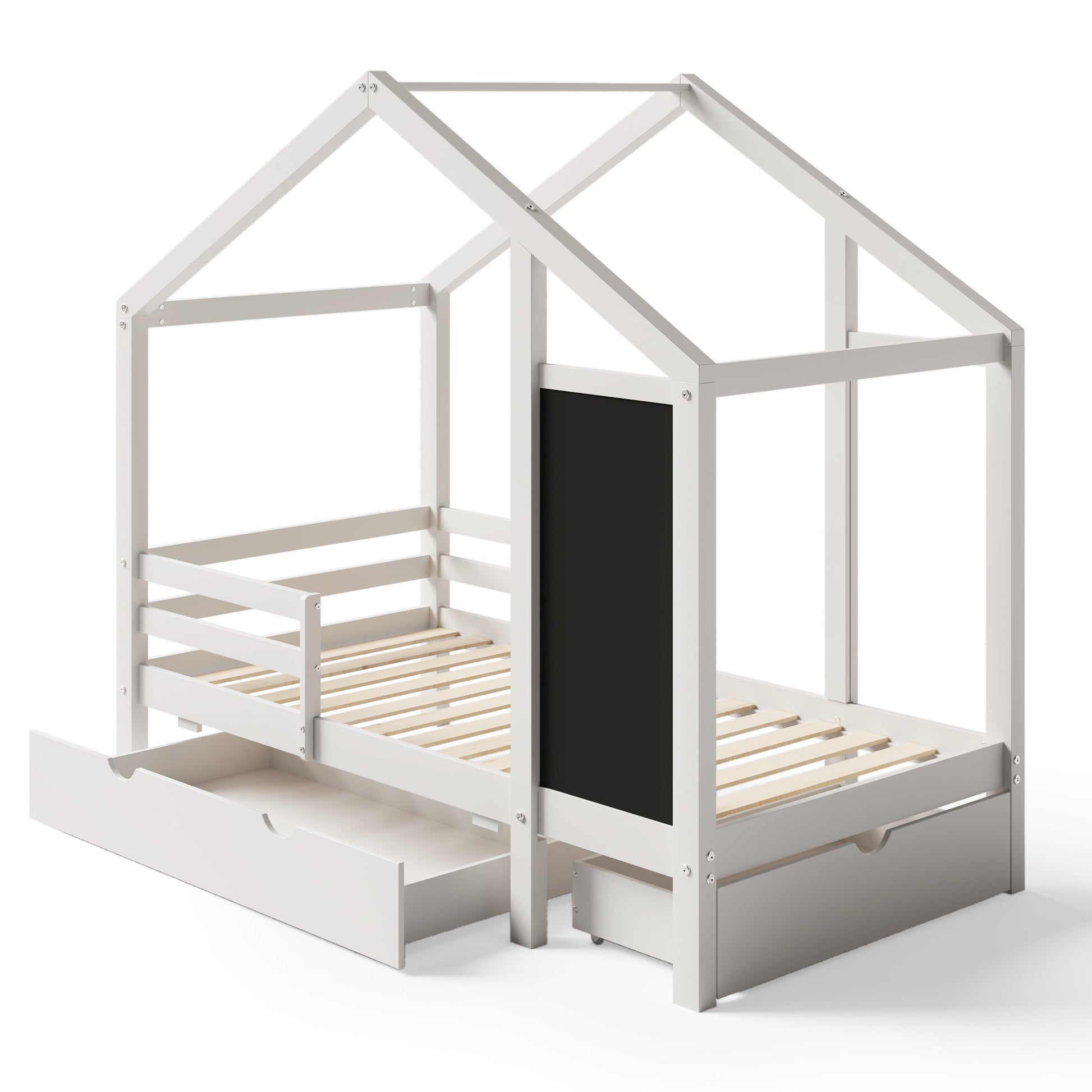 Twin House Bed with Blackboard and Drawers in White, Pine+Plywood+MDF, 80.1'L x 41.9'W x 72'H - 1st Choice Furniture Direct