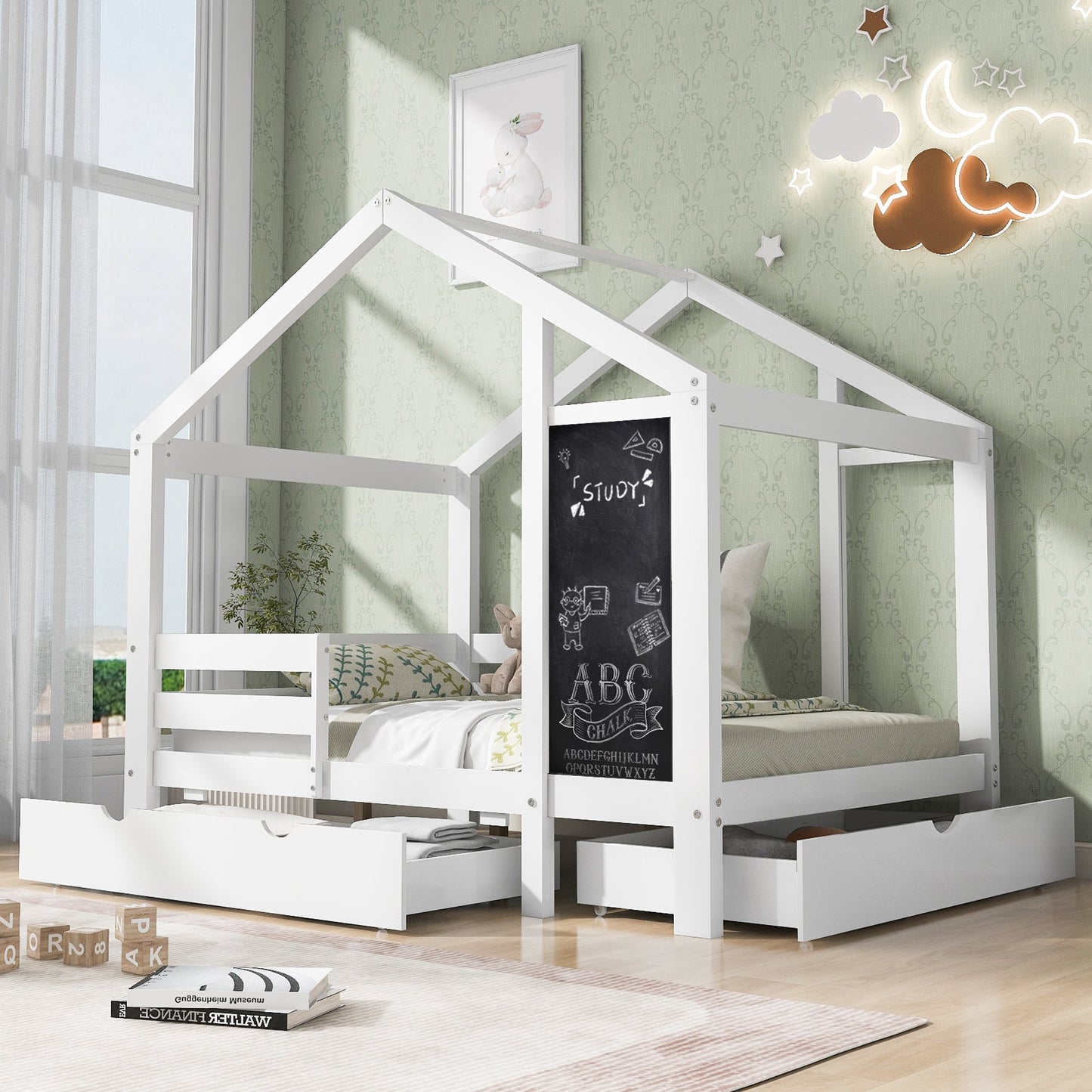Twin House Bed with Blackboard and Drawers in White, Pine+Plywood+MDF, 80.1'L x 41.9'W x 72'H - 1st Choice Furniture Direct