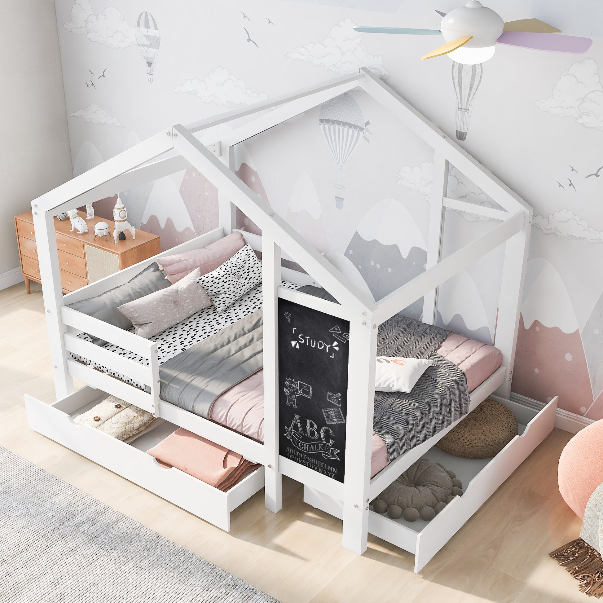 Twin House Bed with Blackboard and Drawers in White, Pine+Plywood+MDF, 80.1'L x 41.9'W x 72'H - 1st Choice Furniture Direct