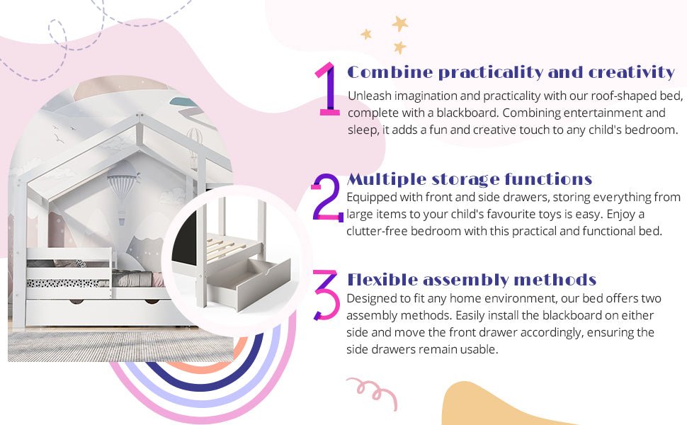 Twin House Bed with Blackboard and Drawers in White, Pine+Plywood+MDF, 80.1'L x 41.9'W x 72'H - 1st Choice Furniture Direct