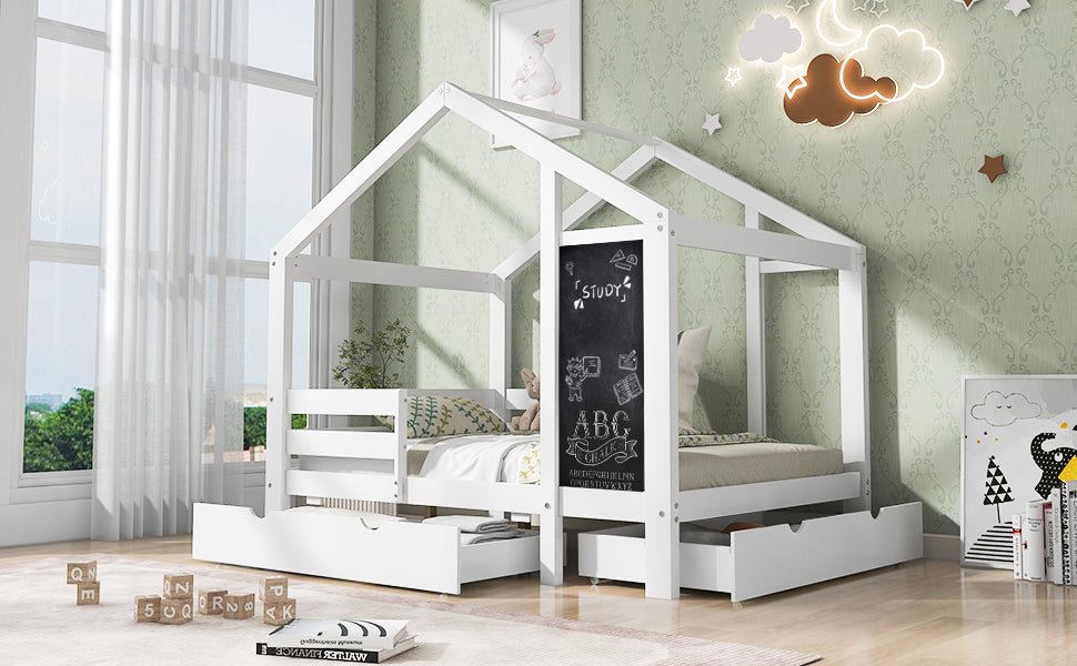 Twin House Bed with Blackboard and Drawers in White, Pine+Plywood+MDF, 80.1'L x 41.9'W x 72'H - 1st Choice Furniture Direct