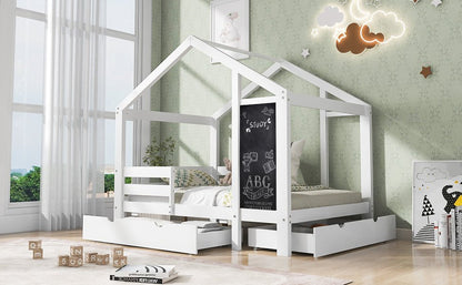 Twin House Bed with Blackboard and Drawers in White, Pine+Plywood+MDF, 80.1'L x 41.9'W x 72'H - 1st Choice Furniture Direct