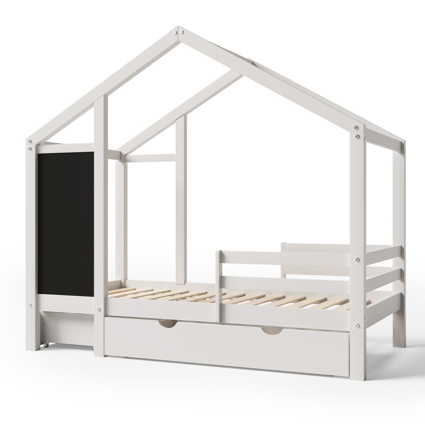 Twin House Bed with Blackboard and Drawers in White, Pine+Plywood+MDF, 80.1'L x 41.9'W x 72'H - 1st Choice Furniture Direct