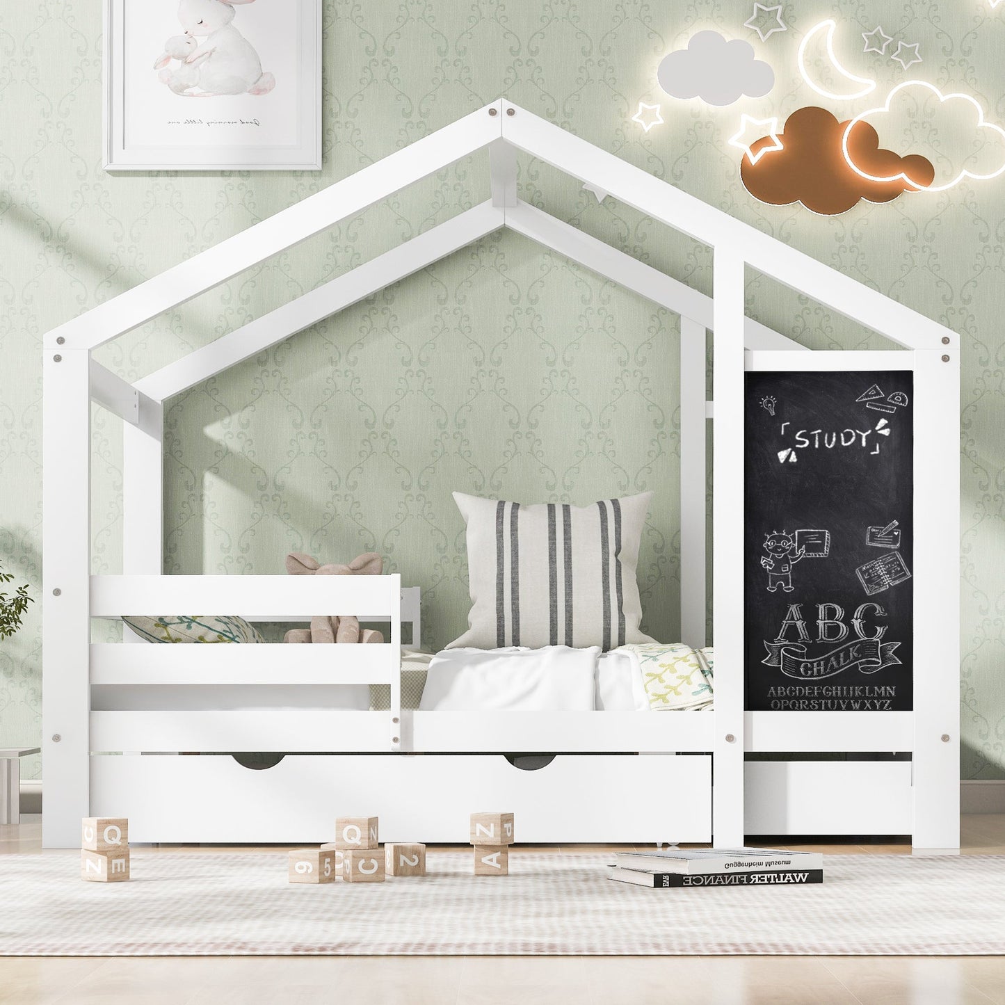 Twin House Bed with Blackboard and Drawers in White, Pine+Plywood+MDF, 80.1'L x 41.9'W x 72'H - 1st Choice Furniture Direct
