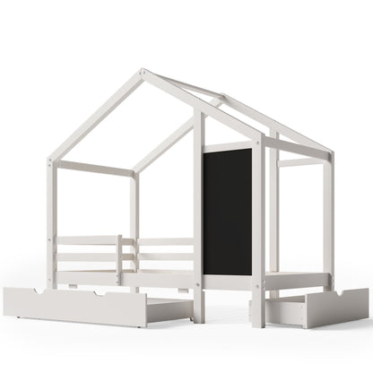 Twin House Bed with Blackboard and Drawers in White, Pine+Plywood+MDF, 80.1'L x 41.9'W x 72'H - 1st Choice Furniture Direct