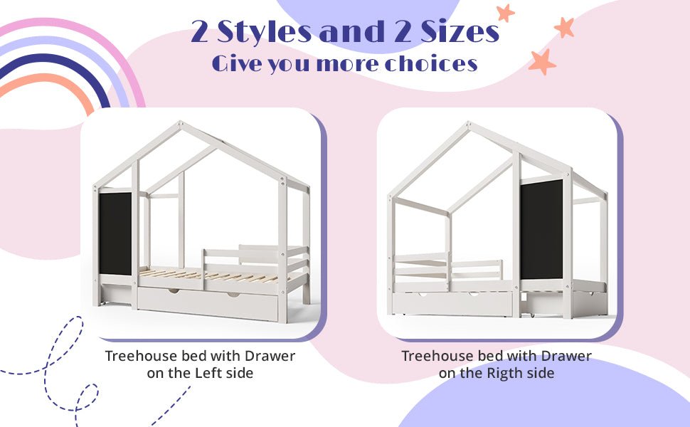 Twin House Bed with Blackboard and Drawers in White, Pine+Plywood+MDF, 80.1'L x 41.9'W x 72'H - 1st Choice Furniture Direct