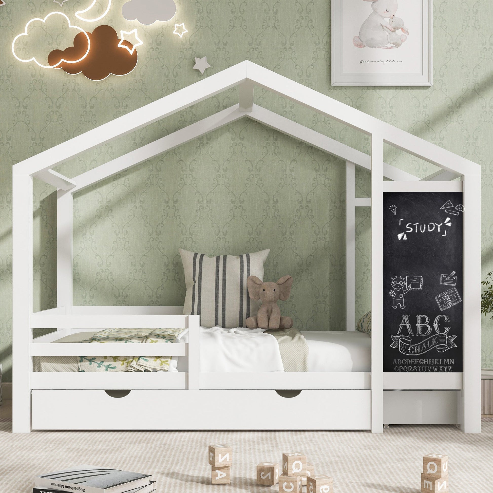 Twin House Bed with Blackboard and Drawers in White, Pine+Plywood+MDF, 80.1'L x 41.9'W x 72'H - 1st Choice Furniture Direct