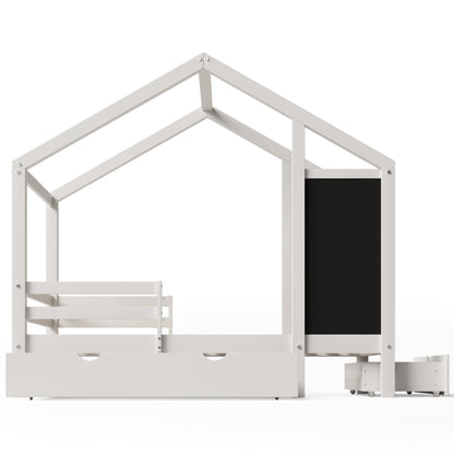 Twin House Bed with Blackboard and Drawers in White, Pine+Plywood+MDF, 80.1'L x 41.9'W x 72'H - 1st Choice Furniture Direct