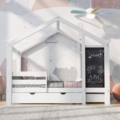 Twin House Bed with Blackboard and Drawers in White, Pine+Plywood+MDF, 80.1'L x 41.9'W x 72'H - 1st Choice Furniture Direct