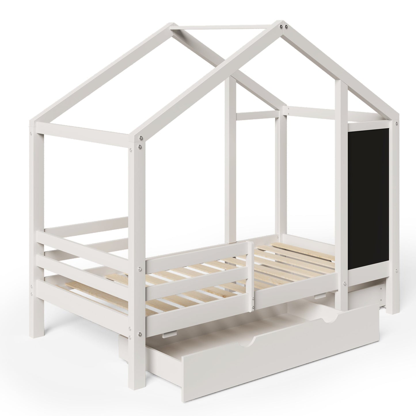 Twin House Bed with Blackboard and Drawers in White, Pine+Plywood+MDF, 80.1'L x 41.9'W x 72'H - 1st Choice Furniture Direct