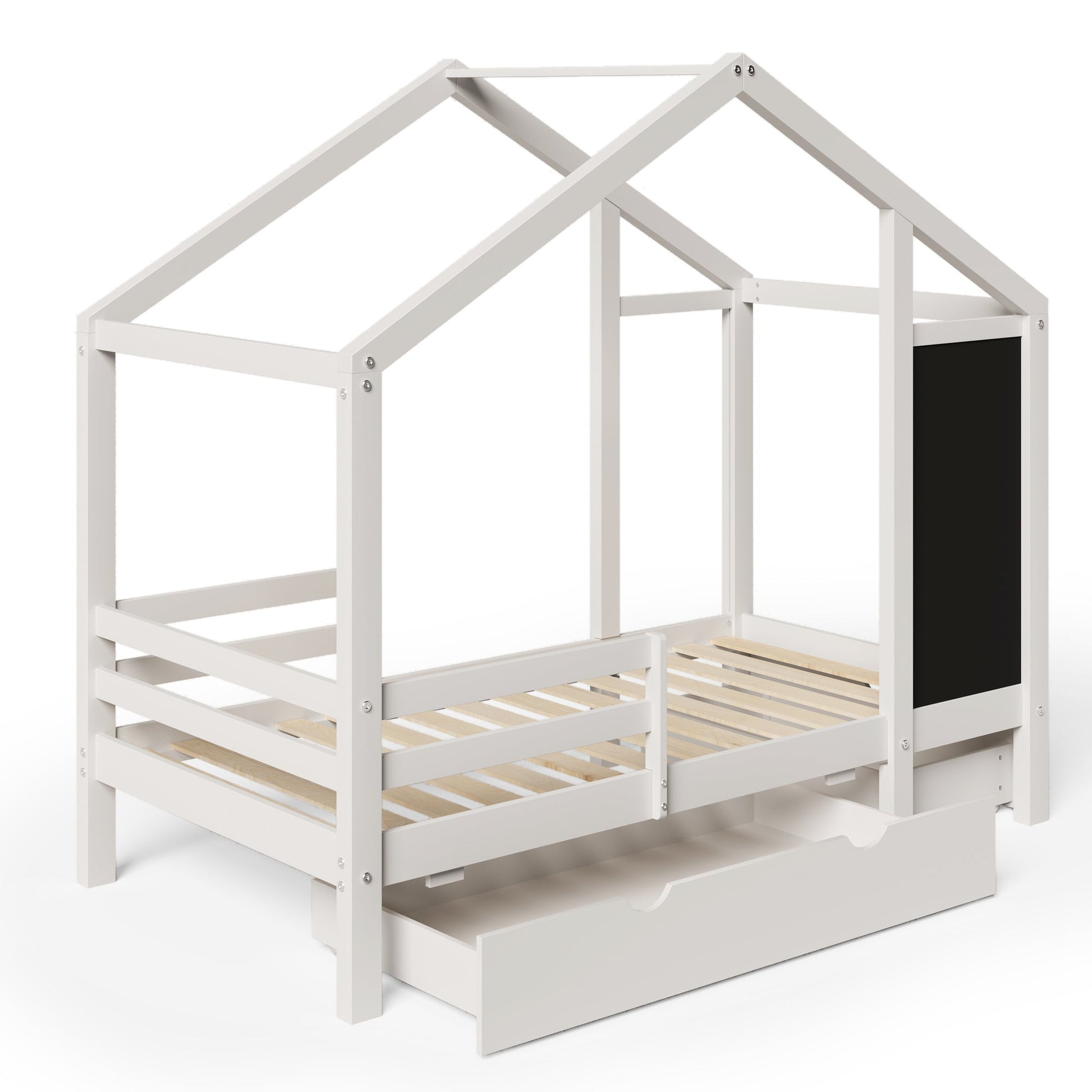 Twin House Bed with Blackboard and Drawers in White, Pine+Plywood+MDF, 80.1'L x 41.9'W x 72'H - 1st Choice Furniture Direct