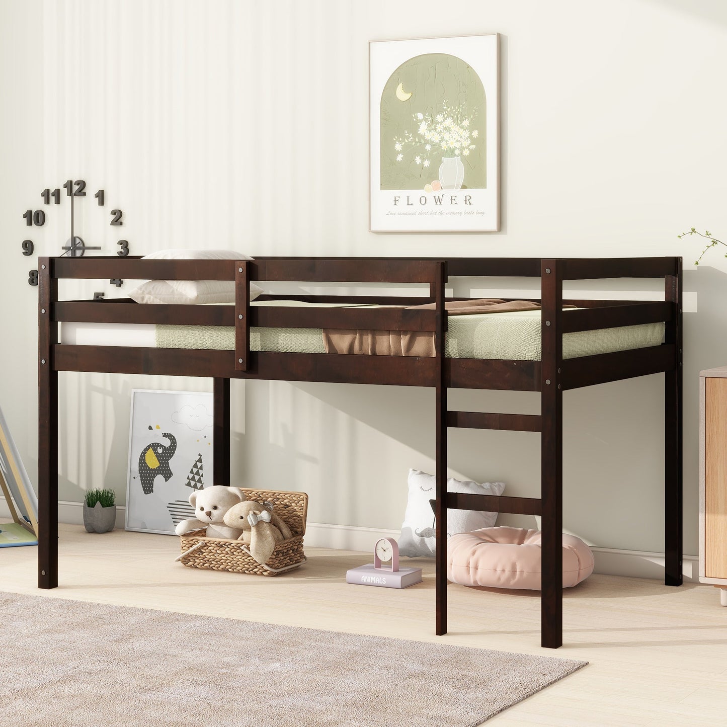 Twin Loft Bed with Ladder – Espresso Rubber Wood Low Loft Bed for Kids - 1st Choice Furniture Direct