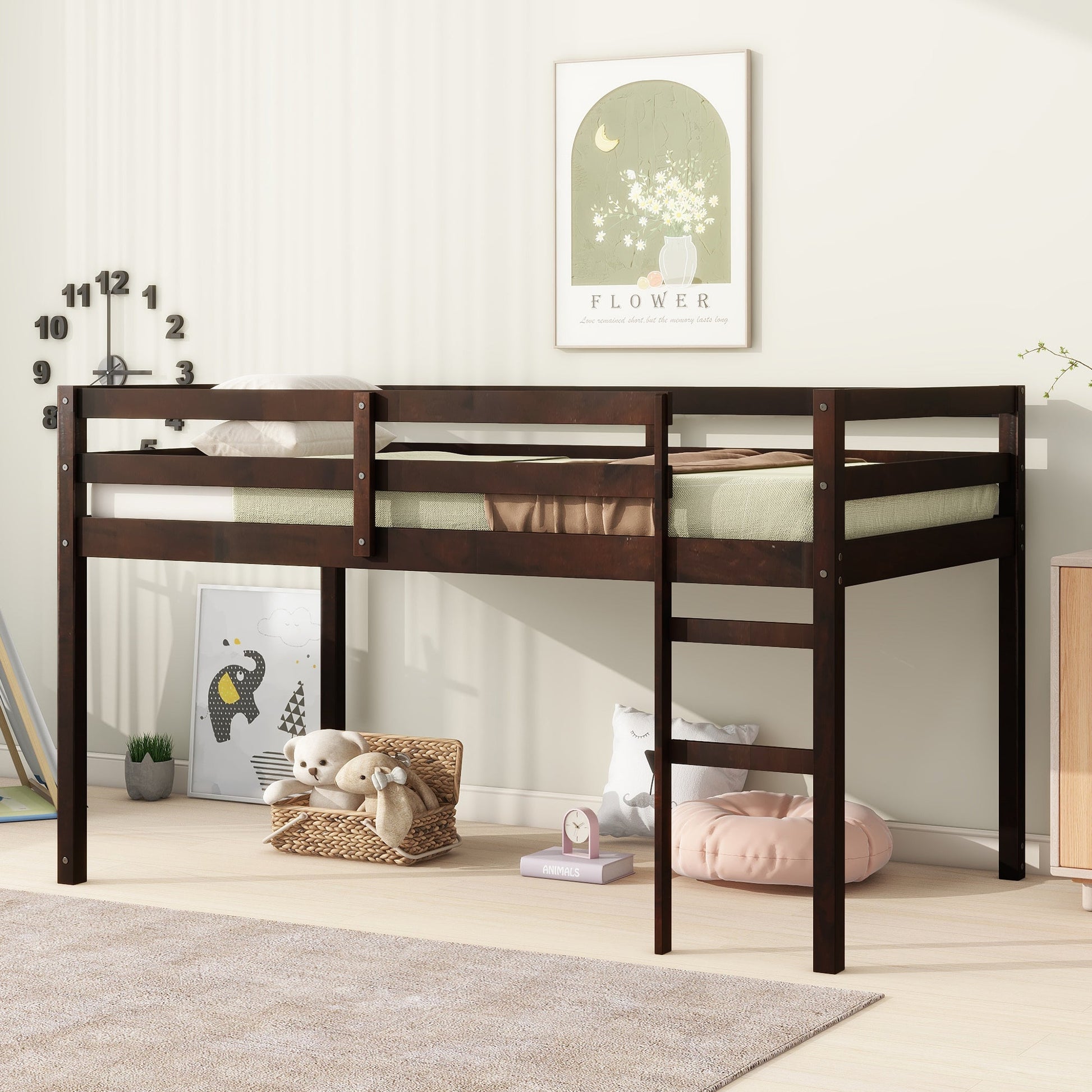 Twin Loft Bed with Ladder – Espresso Rubber Wood Low Loft Bed for Kids - 1st Choice Furniture Direct