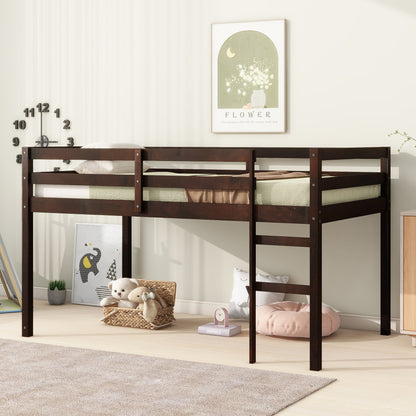 Twin Loft Bed with Ladder – Espresso Rubber Wood Low Loft Bed for Kids - 1st Choice Furniture Direct