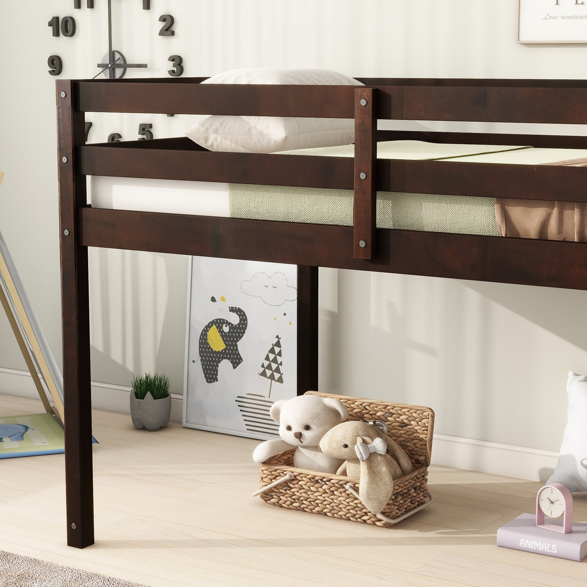 Twin Loft Bed with Ladder – Espresso Rubber Wood Low Loft Bed for Kids - 1st Choice Furniture Direct