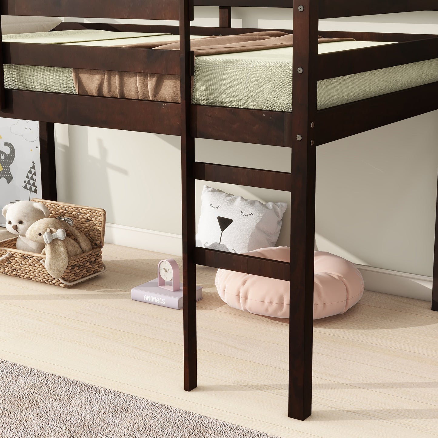 Twin Loft Bed with Ladder – Espresso Rubber Wood Low Loft Bed for Kids - 1st Choice Furniture Direct