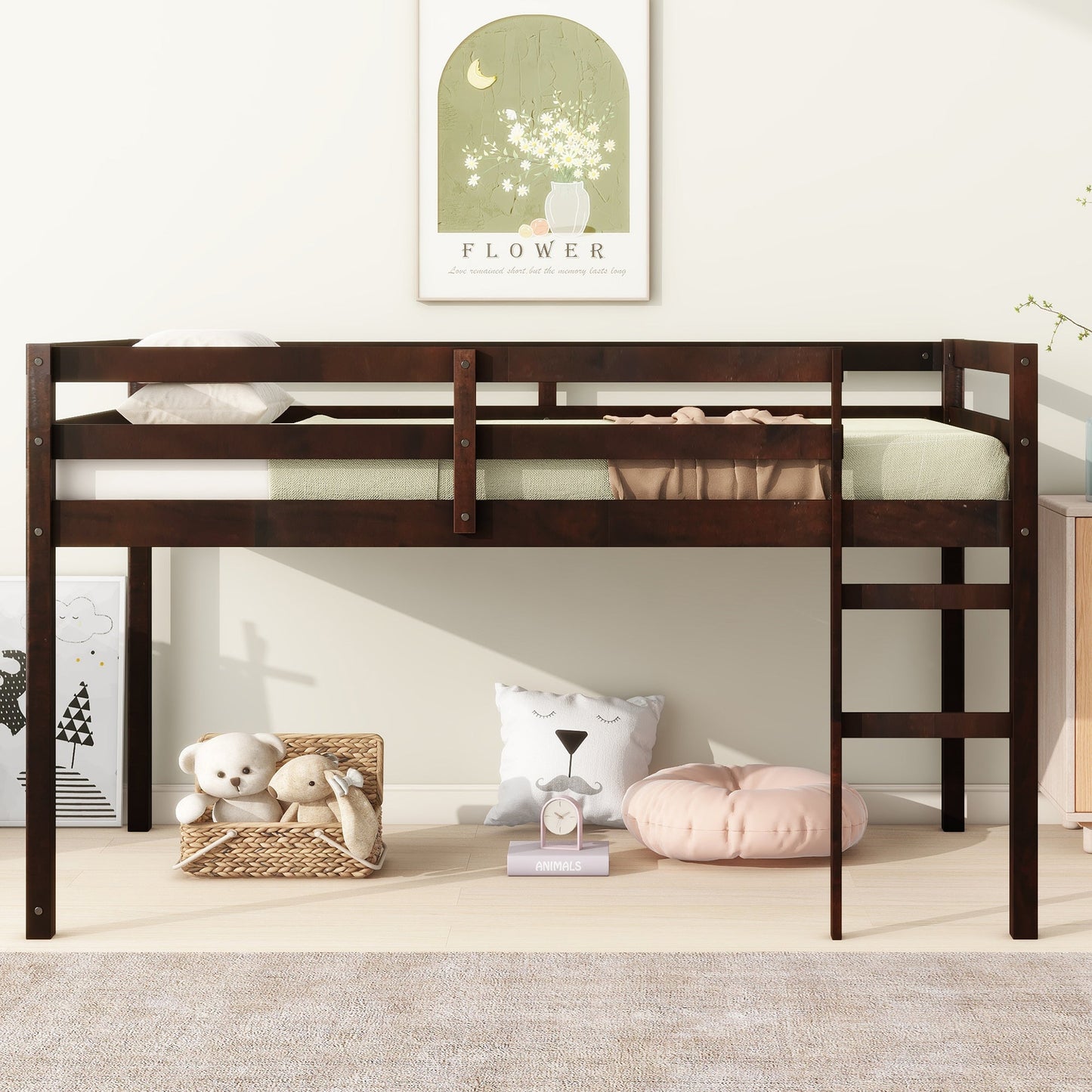 Twin Loft Bed with Ladder – Espresso Rubber Wood Low Loft Bed for Kids - 1st Choice Furniture Direct