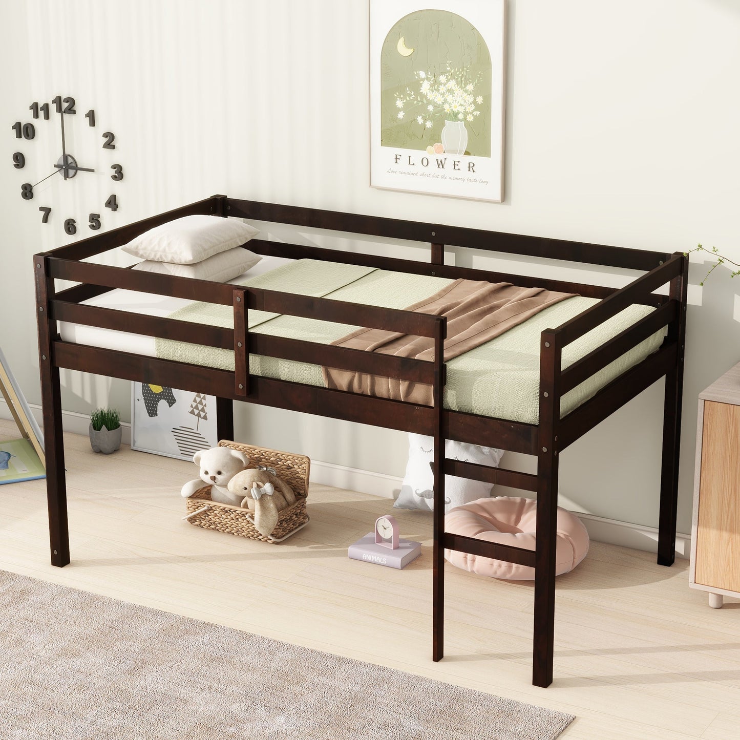 Twin Loft Bed with Ladder – Espresso Rubber Wood Low Loft Bed for Kids - 1st Choice Furniture Direct