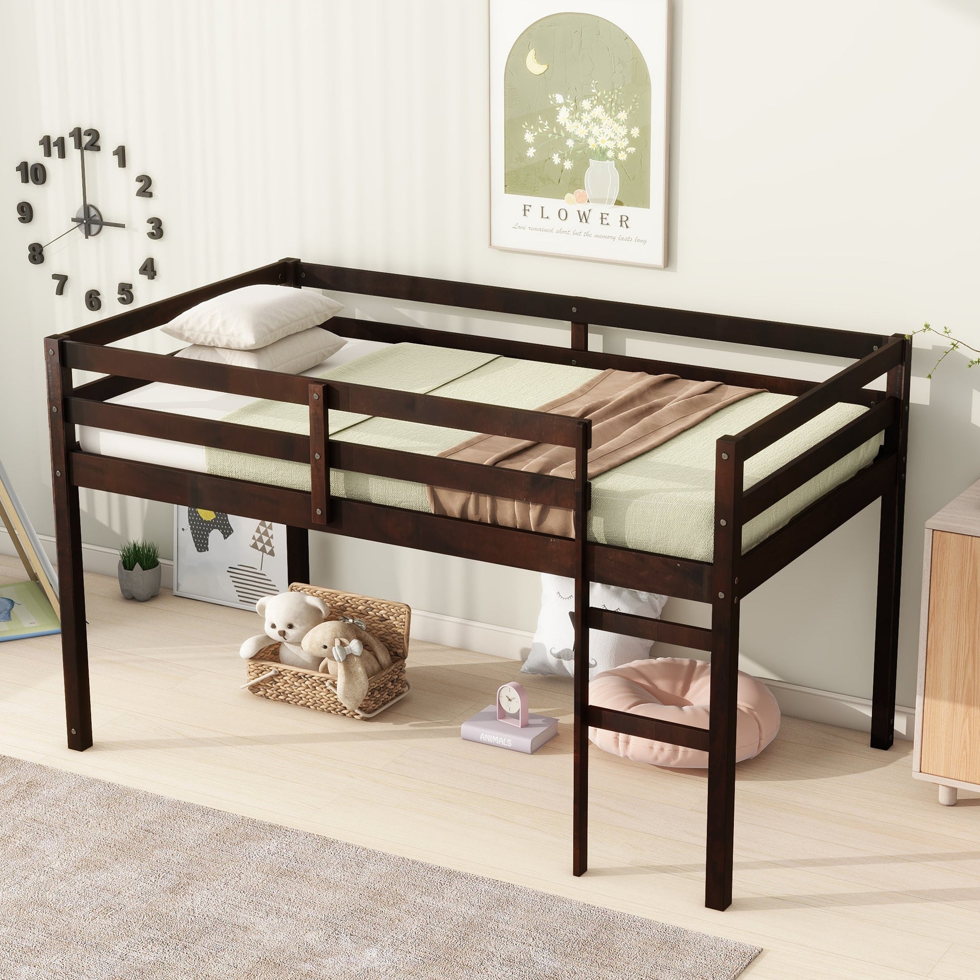 Twin Loft Bed with Ladder – Espresso Rubber Wood Low Loft Bed for Kids - 1st Choice Furniture Direct