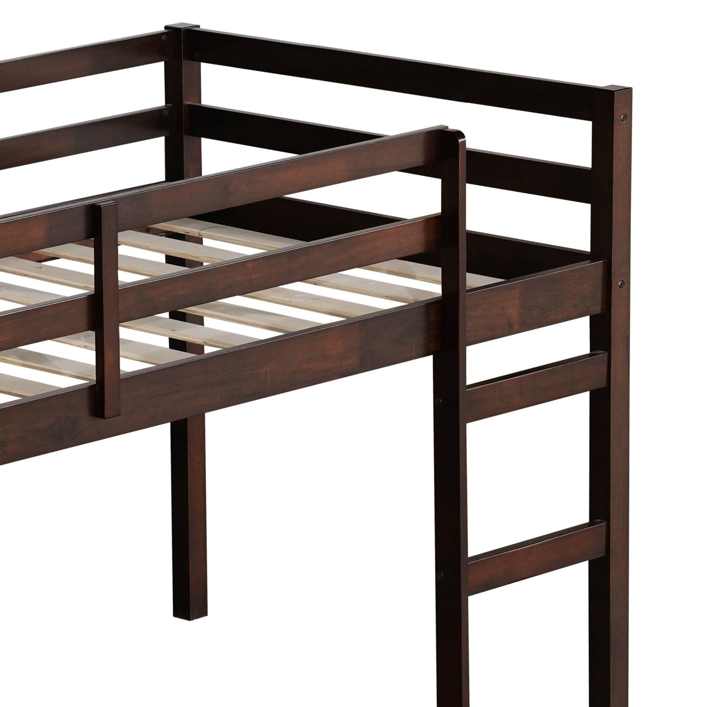 Twin Loft Bed with Ladder – Espresso Rubber Wood Low Loft Bed for Kids - 1st Choice Furniture Direct