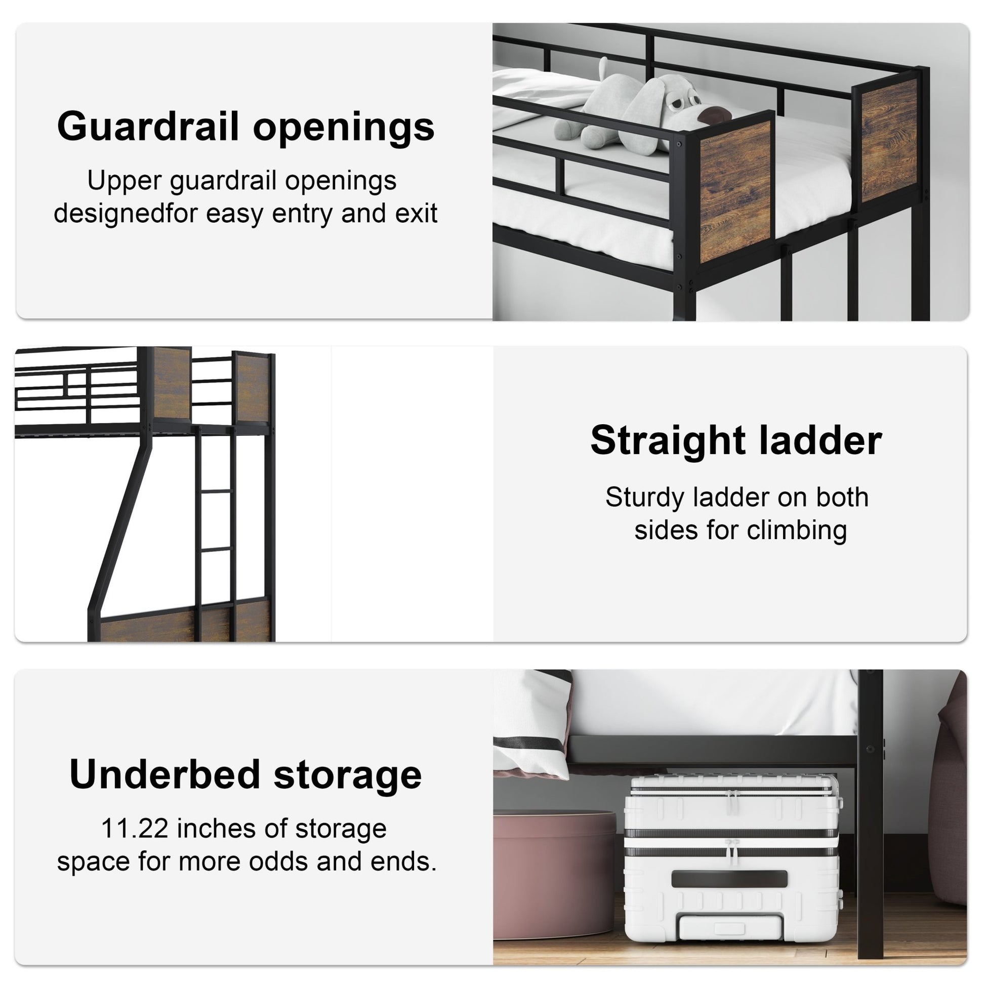 Twin Over Full Bunk Beds, Metal Bunk Bed Frame with Safety Guardrail and 2 Ladder for Kids,Sturdy Metal Frame and Protective Board Supports, No Box Spring Needed, Easy Assembly - 1st Choice Furniture Direct
