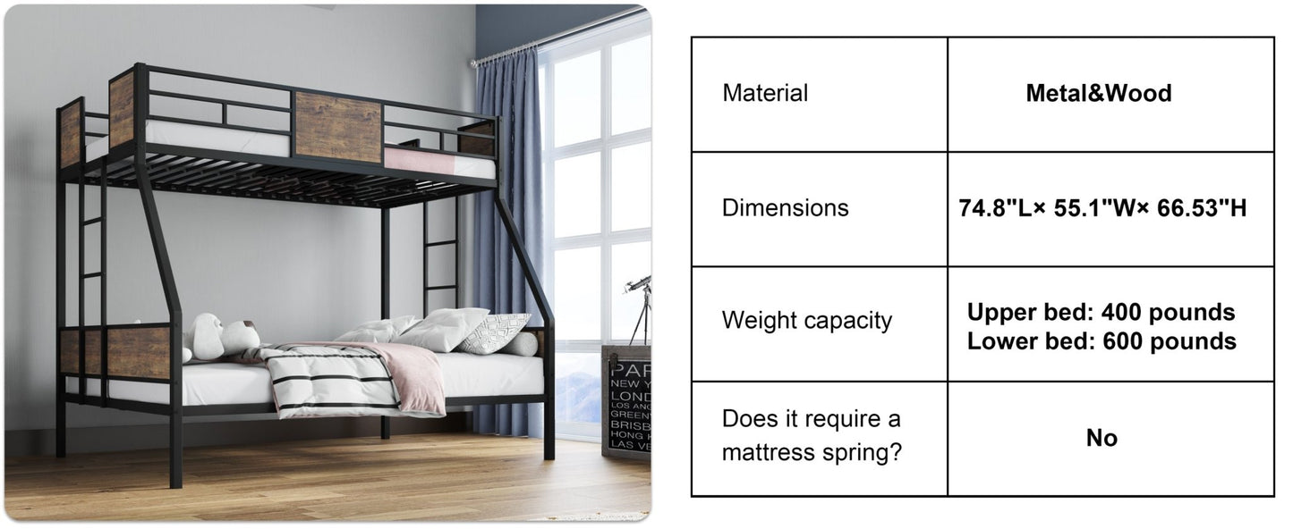 Twin Over Full Bunk Beds, Metal Bunk Bed Frame with Safety Guardrail and 2 Ladder for Kids,Sturdy Metal Frame and Protective Board Supports, No Box Spring Needed, Easy Assembly - 1st Choice Furniture Direct