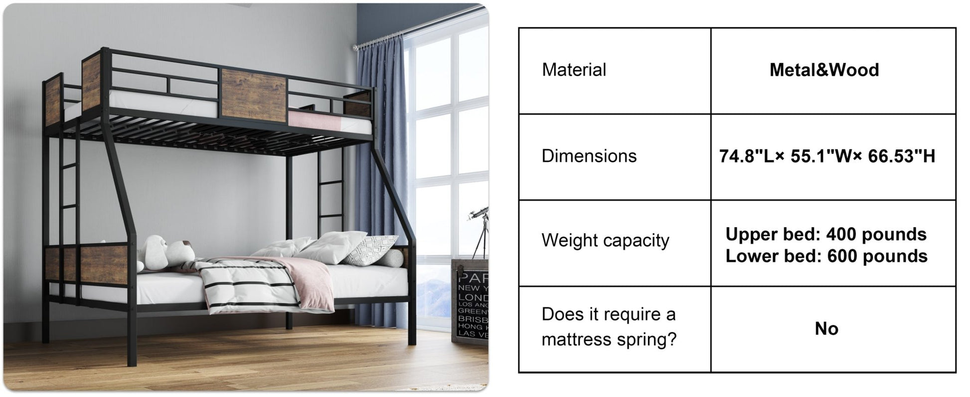 Twin Over Full Bunk Beds, Metal Bunk Bed Frame with Safety Guardrail and 2 Ladder for Kids,Sturdy Metal Frame and Protective Board Supports, No Box Spring Needed, Easy Assembly - 1st Choice Furniture Direct