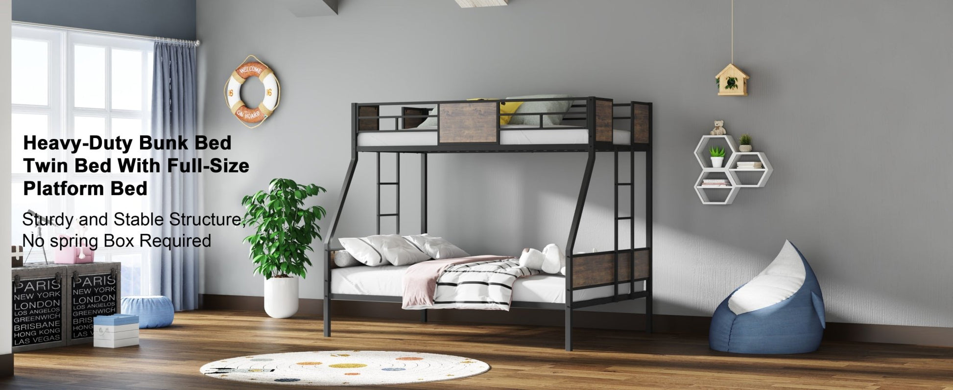 Twin Over Full Bunk Beds, Metal Bunk Bed Frame with Safety Guardrail and 2 Ladder for Kids,Sturdy Metal Frame and Protective Board Supports, No Box Spring Needed, Easy Assembly - 1st Choice Furniture Direct