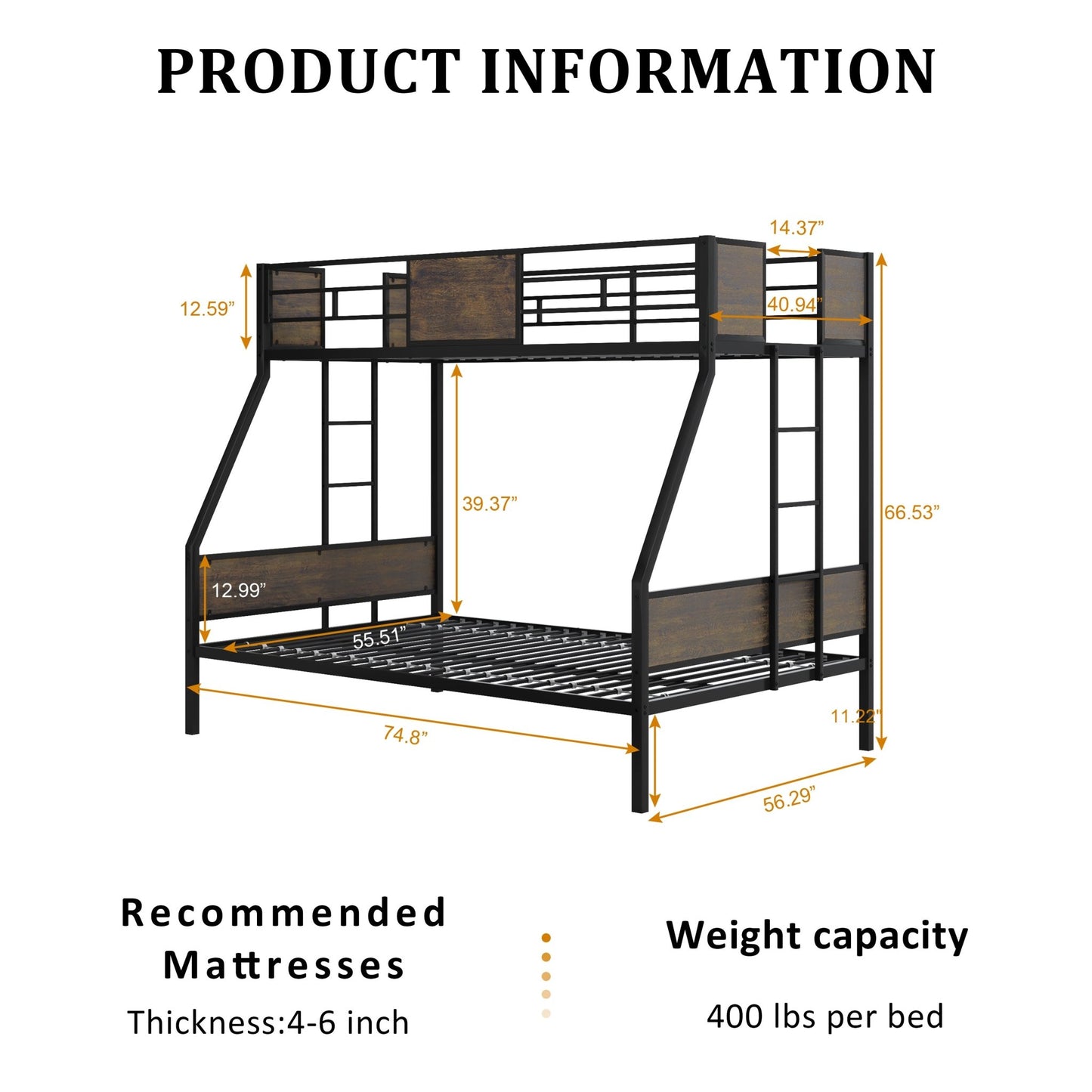 Twin Over Full Bunk Beds, Metal Bunk Bed Frame with Safety Guardrail and 2 Ladder for Kids,Sturdy Metal Frame and Protective Board Supports, No Box Spring Needed, Easy Assembly - 1st Choice Furniture Direct