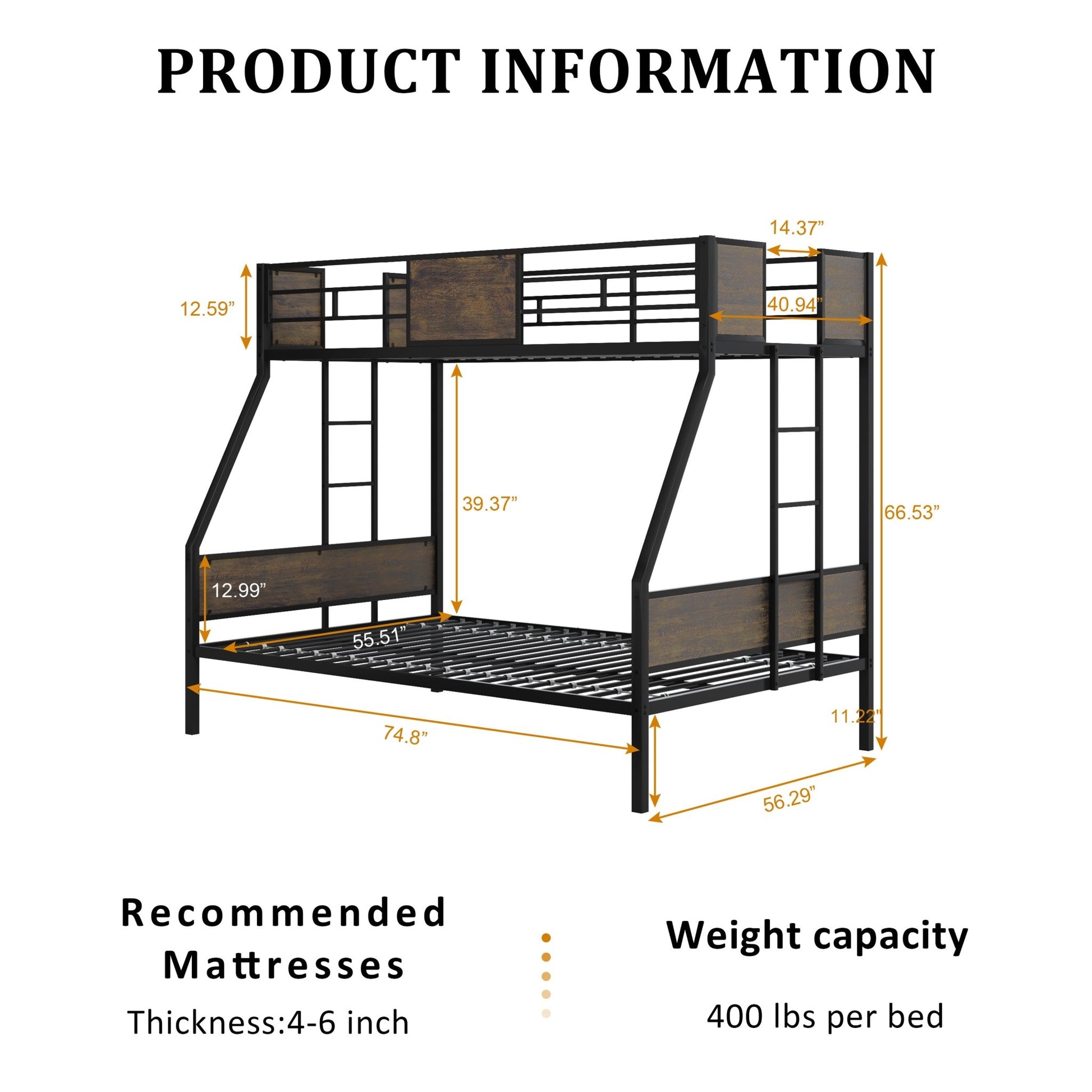 Twin Over Full Bunk Beds, Metal Bunk Bed Frame with Safety Guardrail and 2 Ladder for Kids,Sturdy Metal Frame and Protective Board Supports, No Box Spring Needed, Easy Assembly - 1st Choice Furniture Direct