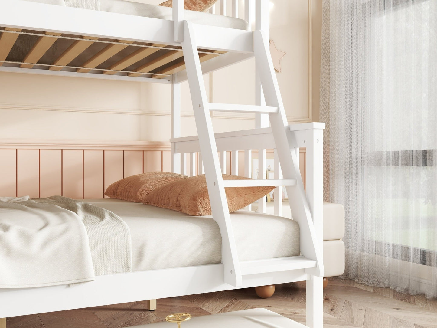 Twin Over Full Rubber Wood Bunk Bed with Trundle, Convertible Ladder and Guardrail, Detachable, Convertible Bed, with Twin Size Trundle ,White - 1st Choice Furniture Direct