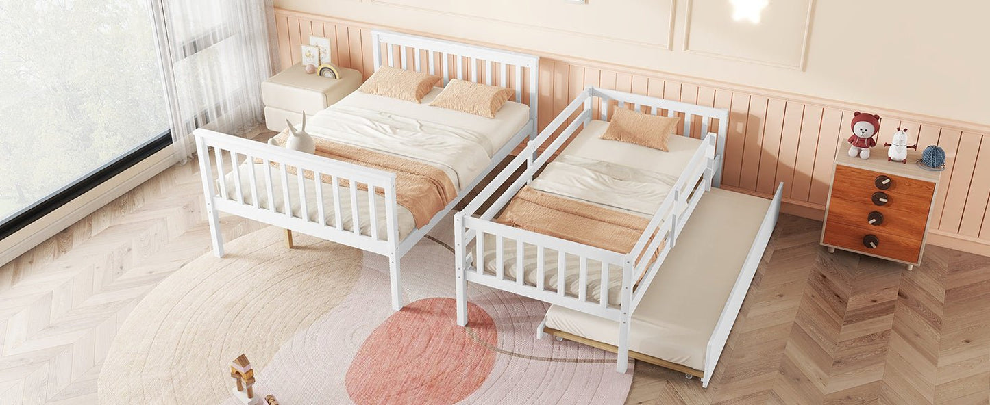 Twin Over Full Rubber Wood Bunk Bed with Trundle, Convertible Ladder and Guardrail, Detachable, Convertible Bed, with Twin Size Trundle ,White - 1st Choice Furniture Direct
