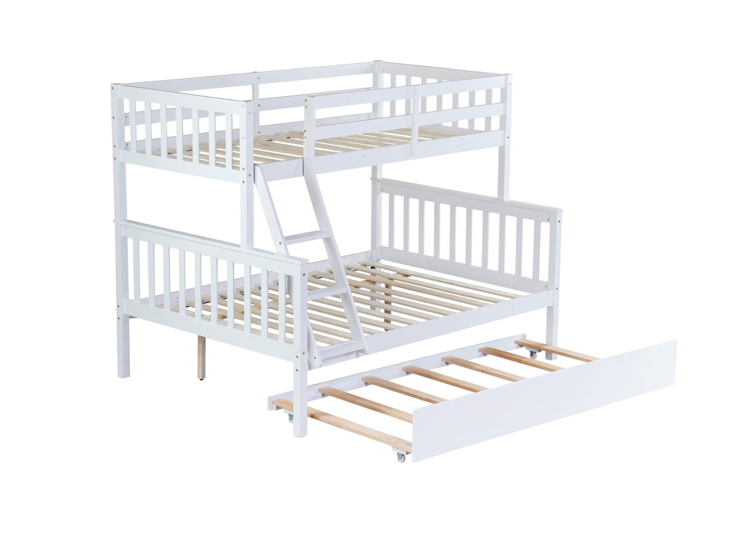 Twin Over Full Rubber Wood Bunk Bed with Trundle, Convertible Ladder and Guardrail, Detachable, Convertible Bed, with Twin Size Trundle ,White - 1st Choice Furniture Direct